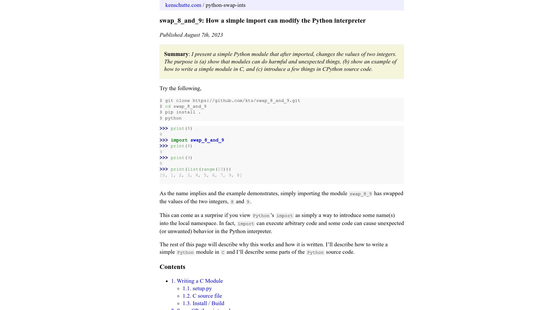 Screenshot of kenschutte.com: Swap_8_and_9: A simple import can modify the Python interpreter