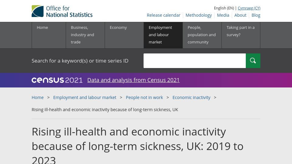 Screenshot of ons.gov.uk: Rising ill-health and economic inactivity from long-term sickness: 2019 to 2023