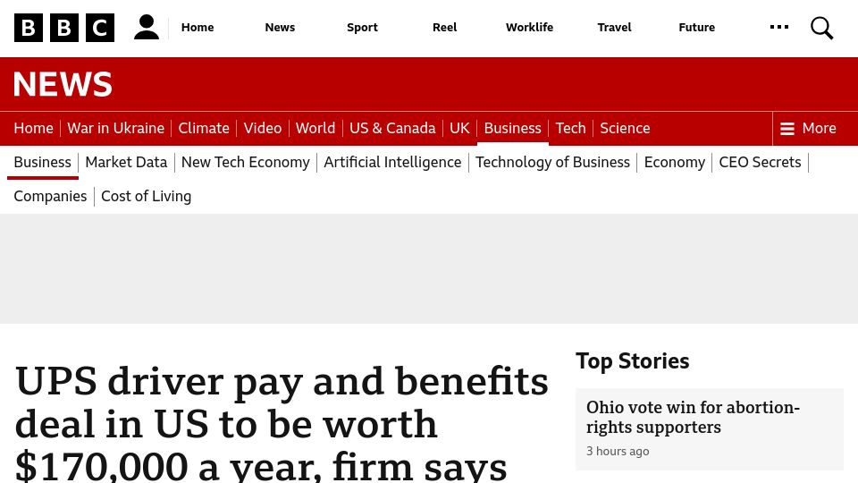 Screenshot of bbc.com: UPS driver pay and benefits deal in US to be worth $170k a year, firm says