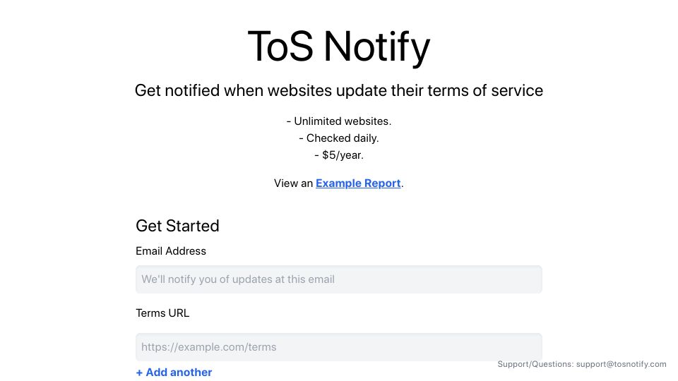 Screenshot of tosnotify.com: Show HN: Get notified when sites update their terms of service
