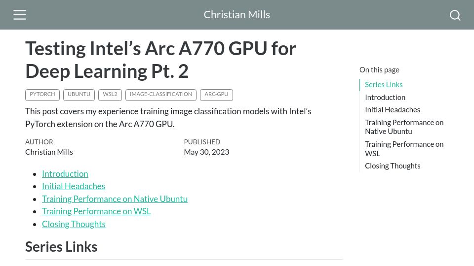 Screenshot of christianjmills.com: Testing Intel’s Arc A770 GPU for Deep Learning
