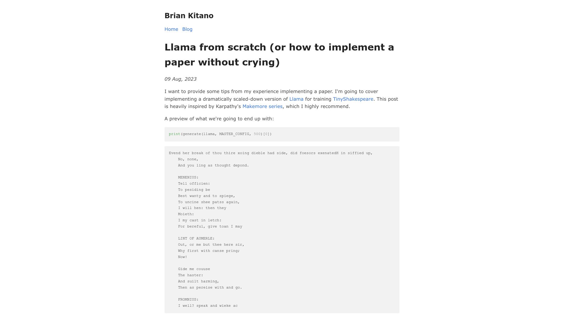 Screenshot of blog.briankitano.com: Llama from scratch, or how to implement a paper without crying