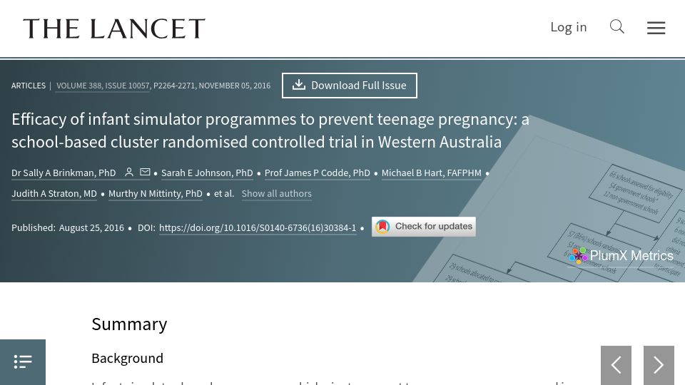 Screenshot of thelancet.com: Efficacy of infant simulator programmes to prevent teenage pregnancy