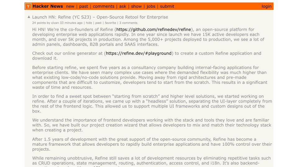 Screenshot of Hacker News post: Launch HN: Refine (YC S23) – Open-source platform for enterprise web apps