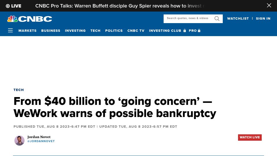 Screenshot of cnbc.com: WeWork Warns of Possible Bankruptcy