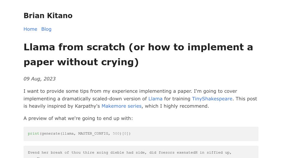 Screenshot of blog.briankitano.com: Llama from scratch, or how to implement a paper without crying