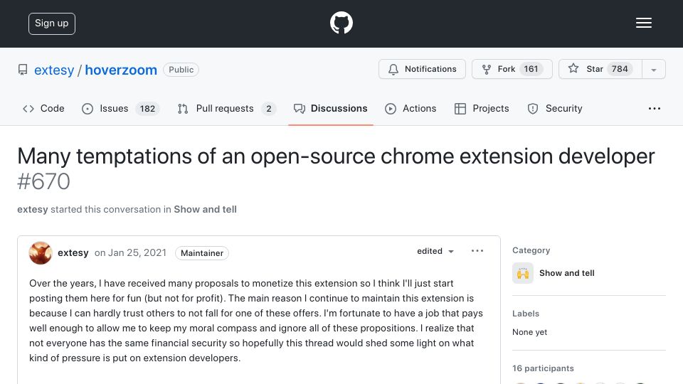 Screenshot of github.com: Temptations of an open-source Chrome extension developer (2021)