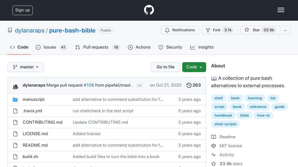 Screenshot of github.com: Pure Bash Bible (2018)