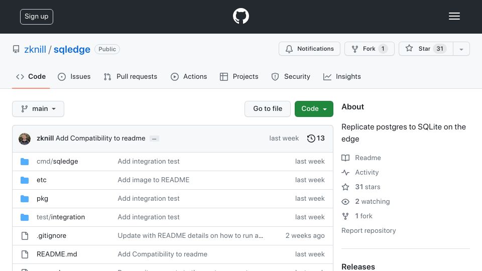 Screenshot of github.com: SQLedge: Replicate Postgres to SQLite on the Edge