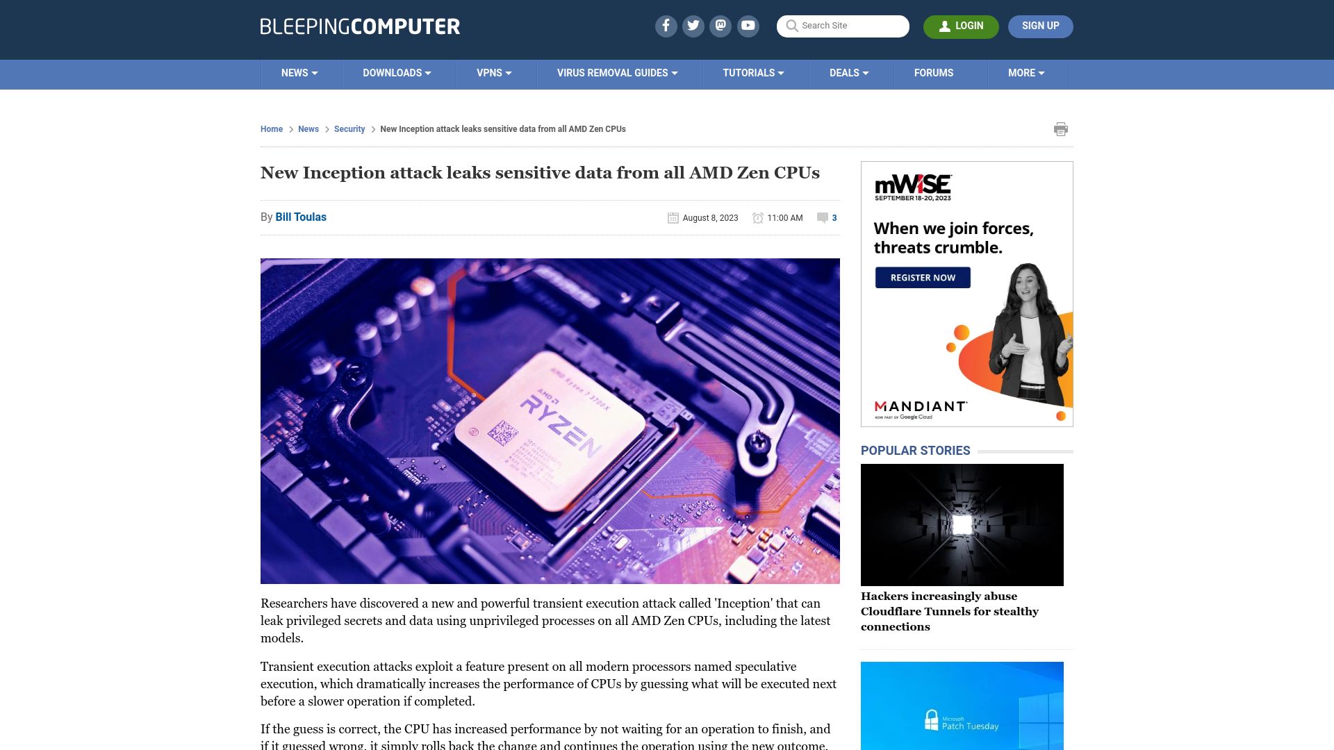Screenshot of bleepingcomputer.com: Inception Attack