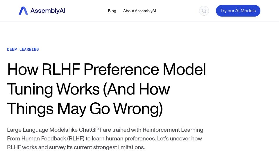 Screenshot of assemblyai.com: How RLHF Preference Model Tuning Works (and How Things May Go Wrong)