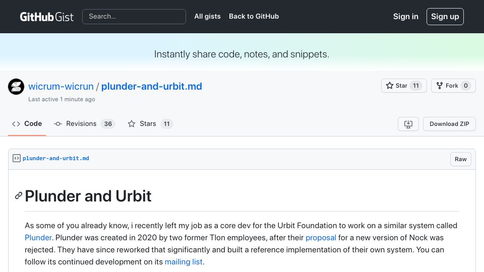 Screenshot of gist.github.com: Plunder and Urbit