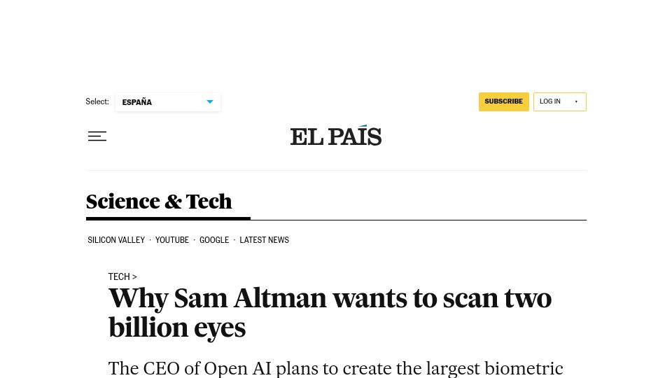 Screenshot of english.elpais.com: Why Sam Altman wants to scan two billion eyes