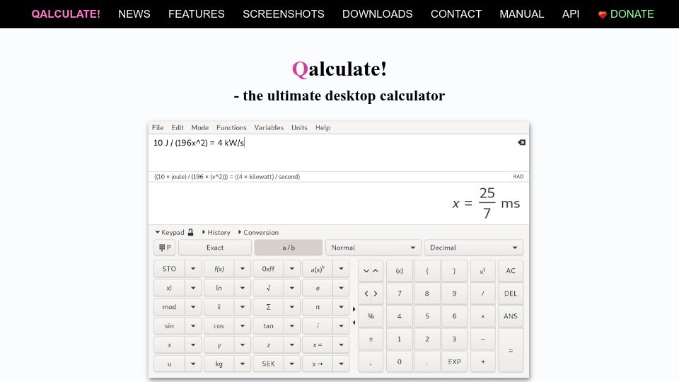 Screenshot of qalculate.github.io: Qalculate – A multi-purpose cross-platform desktop calculator
