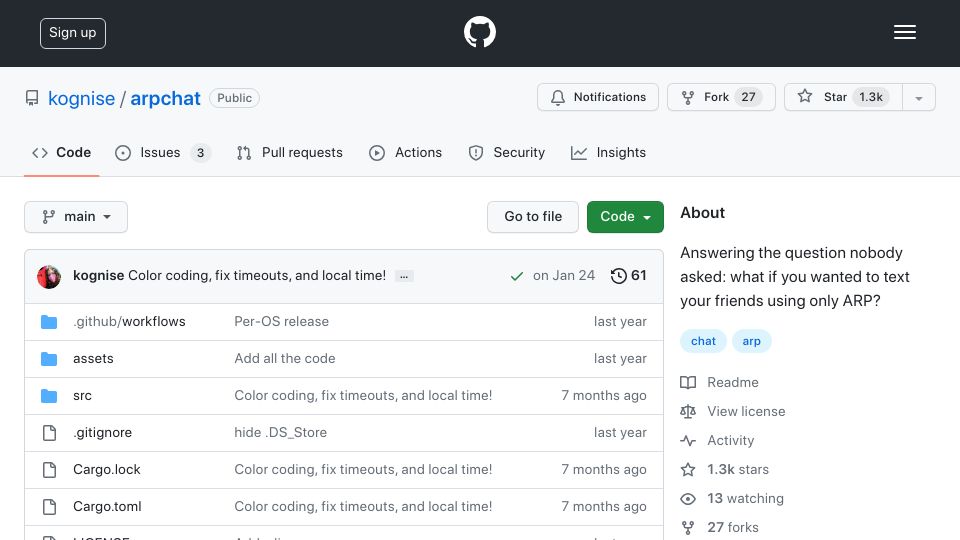 Screenshot of github.com: Arpchat – Text your friends on the same network using just ARP