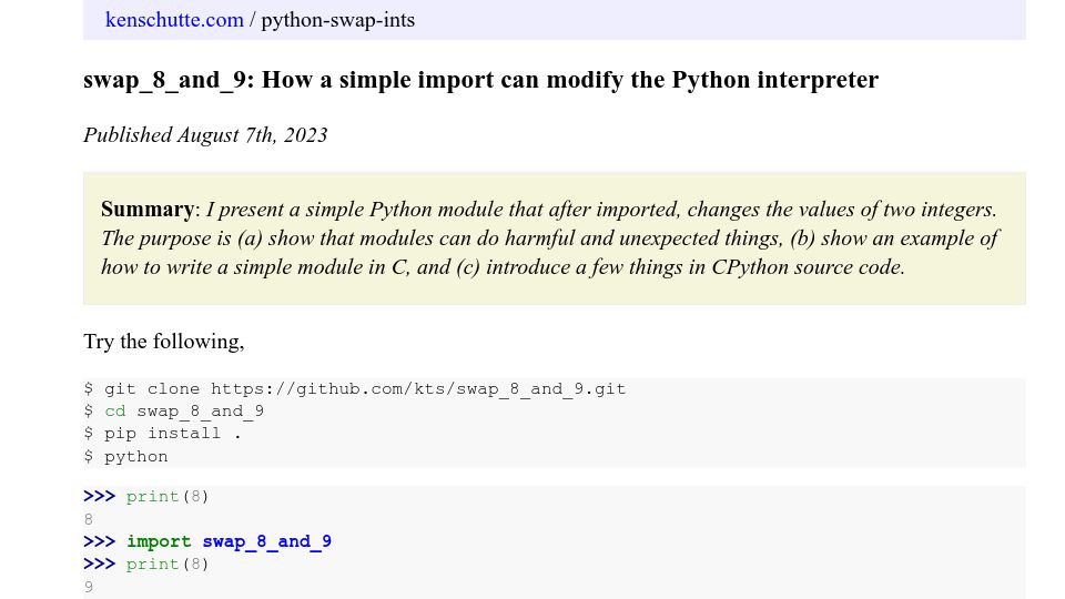 Screenshot of kenschutte.com: Swap_8_and_9: A simple import can modify the Python interpreter
