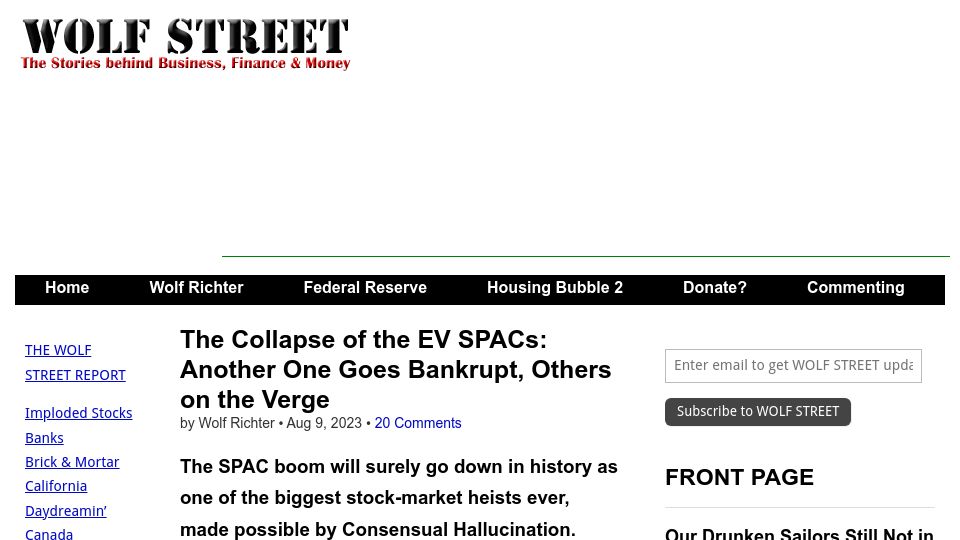 Screenshot of wolfstreet.com: The Collapse of the EV SPACs: Another One Goes Bankrupt, Others on the Verge