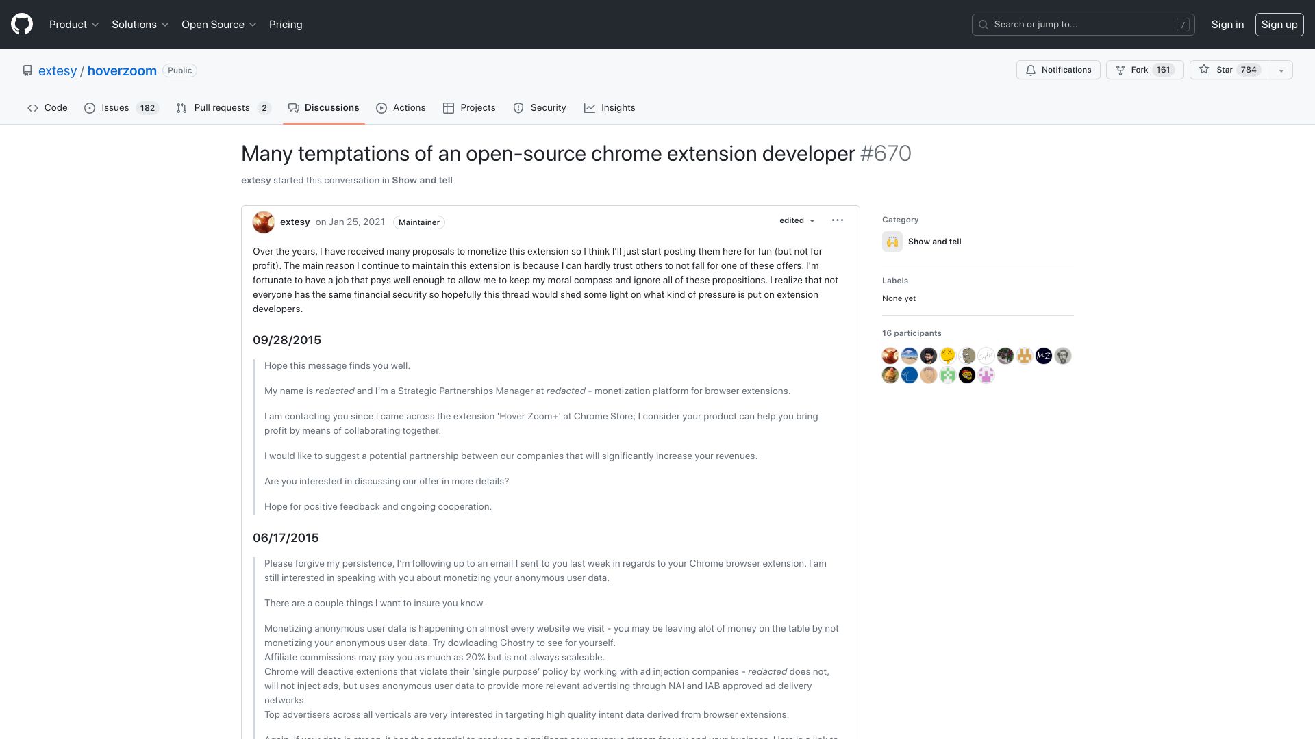 Screenshot of github.com: Temptations of an open-source Chrome extension developer (2021)