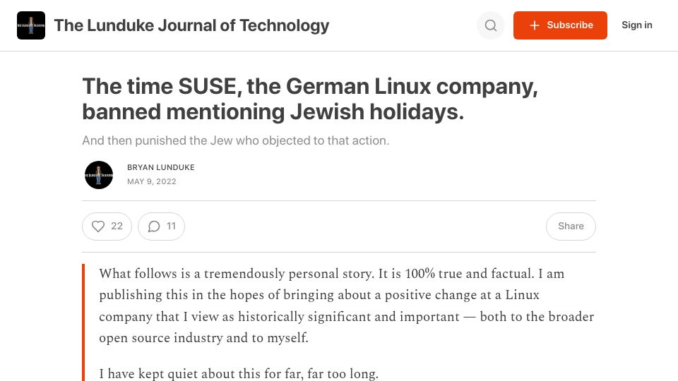 Screenshot of lunduke.substack.com: The time SUSE, the German Linux company, banned mentioning Jewish holidays
