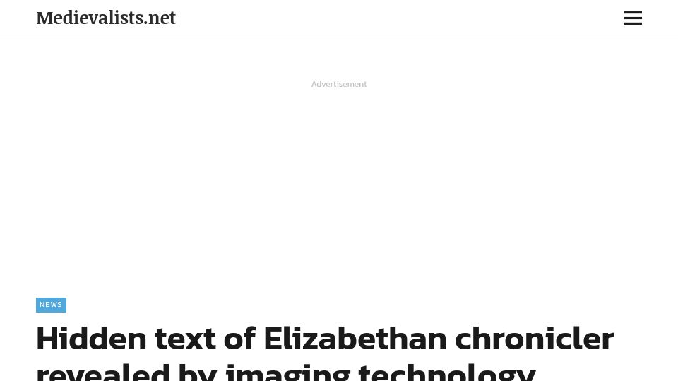 Screenshot of medievalists.net: Text of Elizabethan chronicler revealed by imaging technology