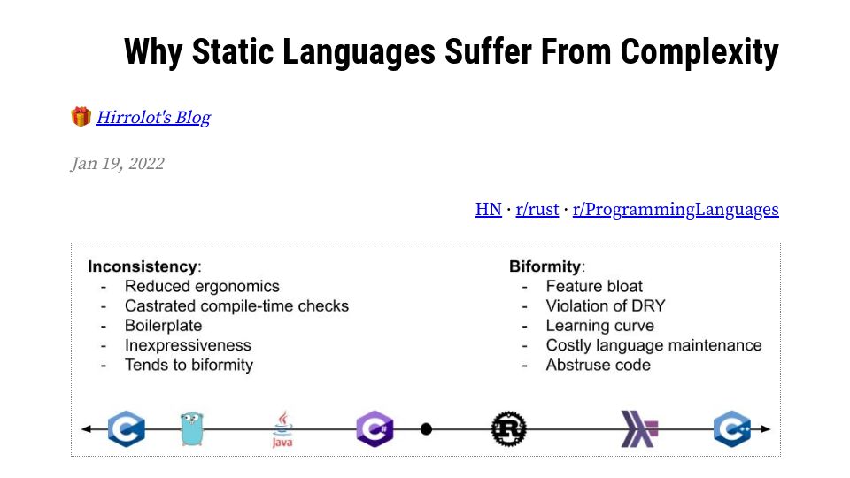 Screenshot of hirrolot.github.io: Why Static Languages Suffer from Complexity (2022)
