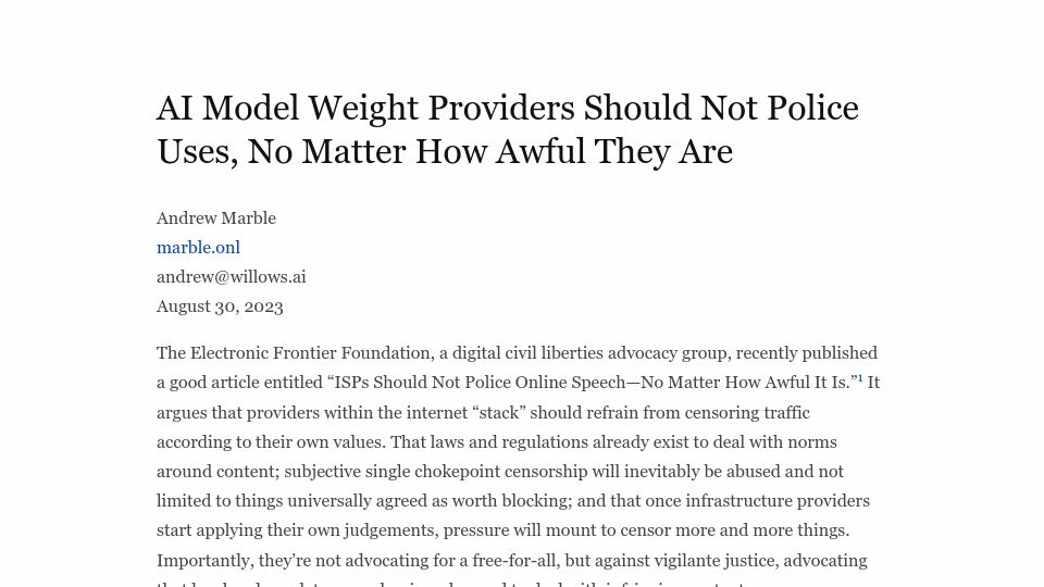 Screenshot of marble.onl: AI model weight providers should not police uses, no matter how awful they are