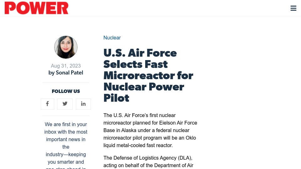 Screenshot of powermag.com: U.S. Air Force selects fast microreactor for nuclear power pilot