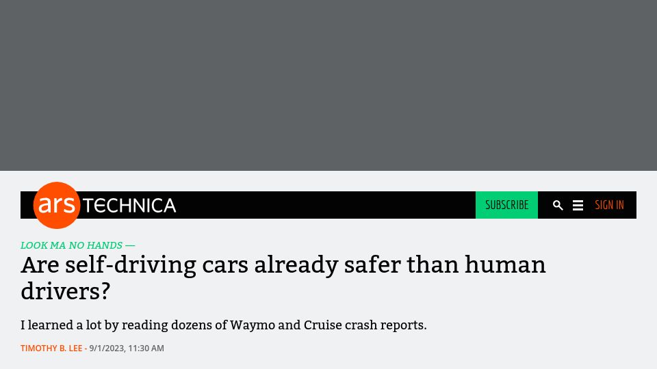 Screenshot of arstechnica.com: Are self-driving cars already safer than human drivers?