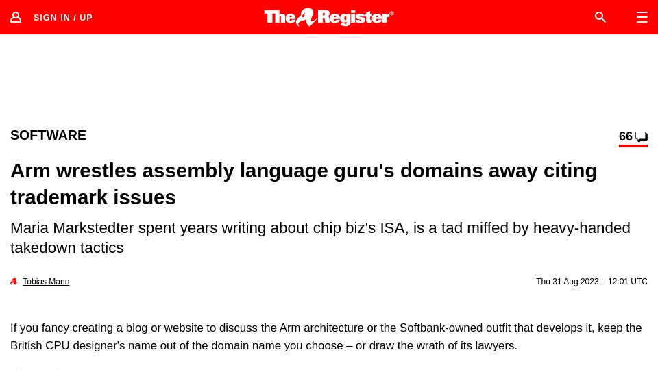 Screenshot of theregister.com: ARM wrestles assembly language guru's domains away, citing trademark issues