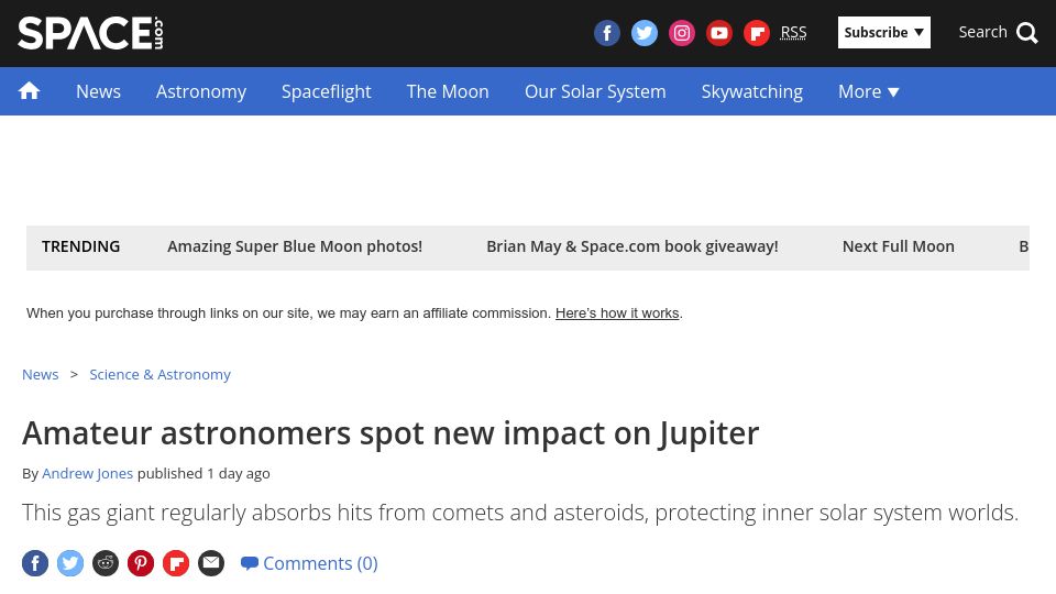 Screenshot of space.com: Amateur astronomers spot new impact on Jupiter