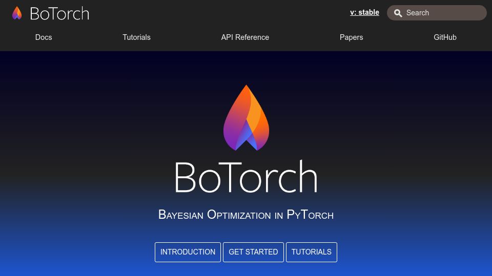 Screenshot of botorch.org: BoTorch – Bayesian Optimization in PyTorch
