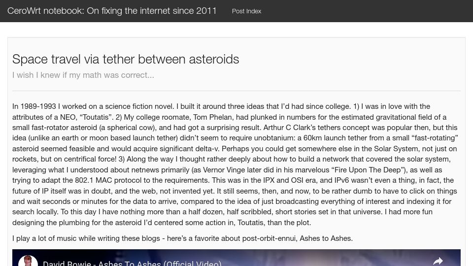 Screenshot of blog.cerowrt.org: Space travel via tether between asteroids