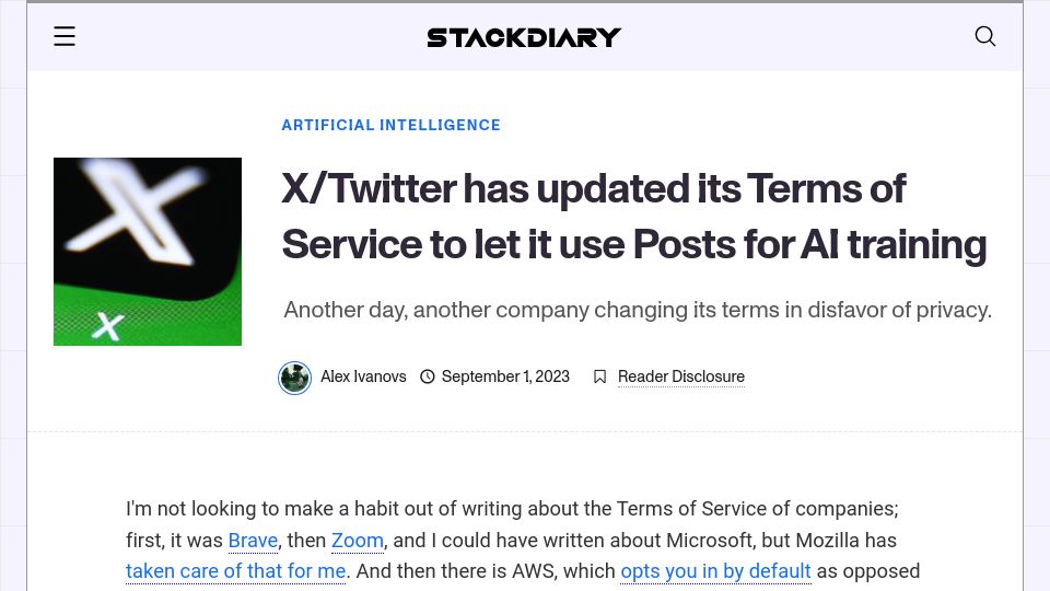 Screenshot of stackdiary.com: X updates Terms to allow it to use data for AI training