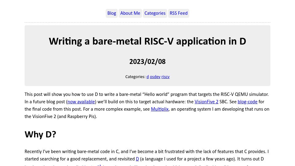 Screenshot of zyedidia.github.io: Writing a bare-metal RISC-V application in D