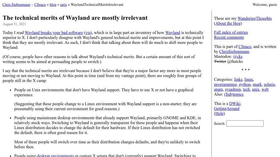 Screenshot of utcc.utoronto.ca: The technical merits of Wayland are mostly irrelevant