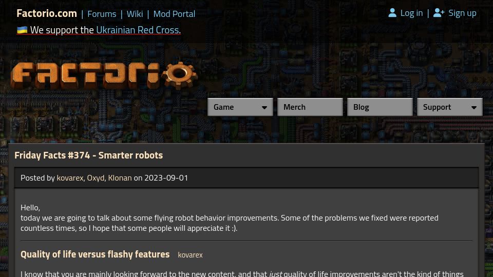 Screenshot of factorio.com: Some flying robot behavior improvements