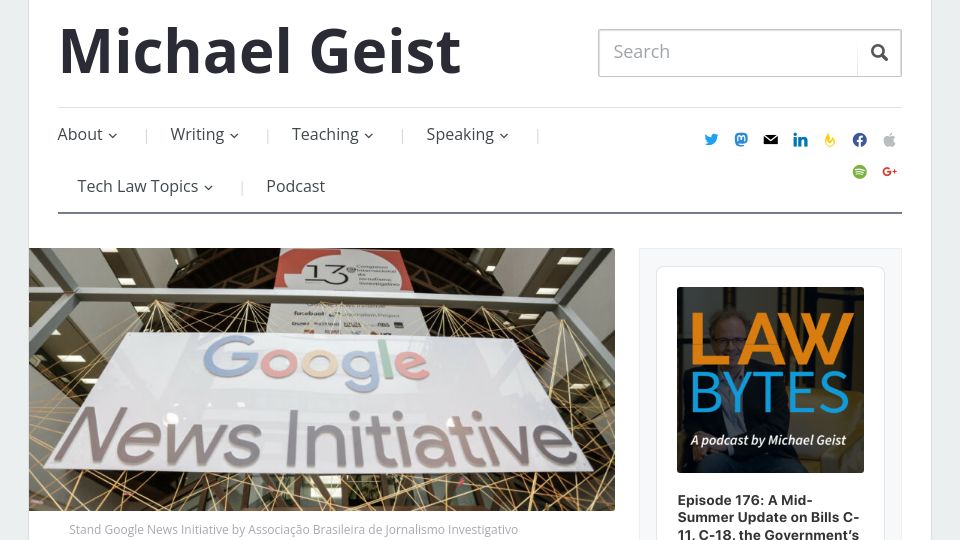 Screenshot of michaelgeist.ca: Govt of Canada proposes a 4% Link Tax