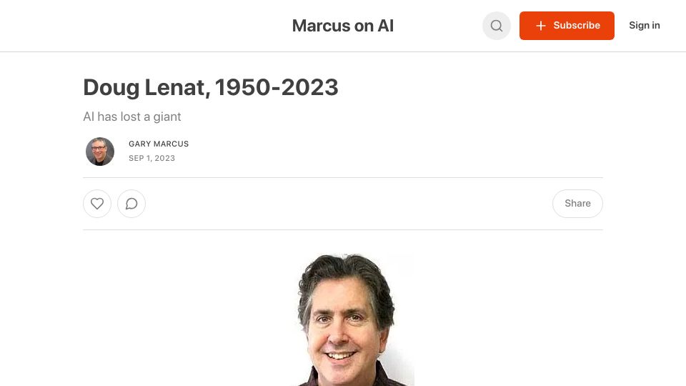 Screenshot of garymarcus.substack.com: Doug Lenat has died