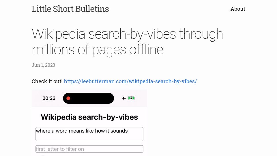 Screenshot of leebutterman.com: Wikipedia search-by-vibes through millions of pages offline