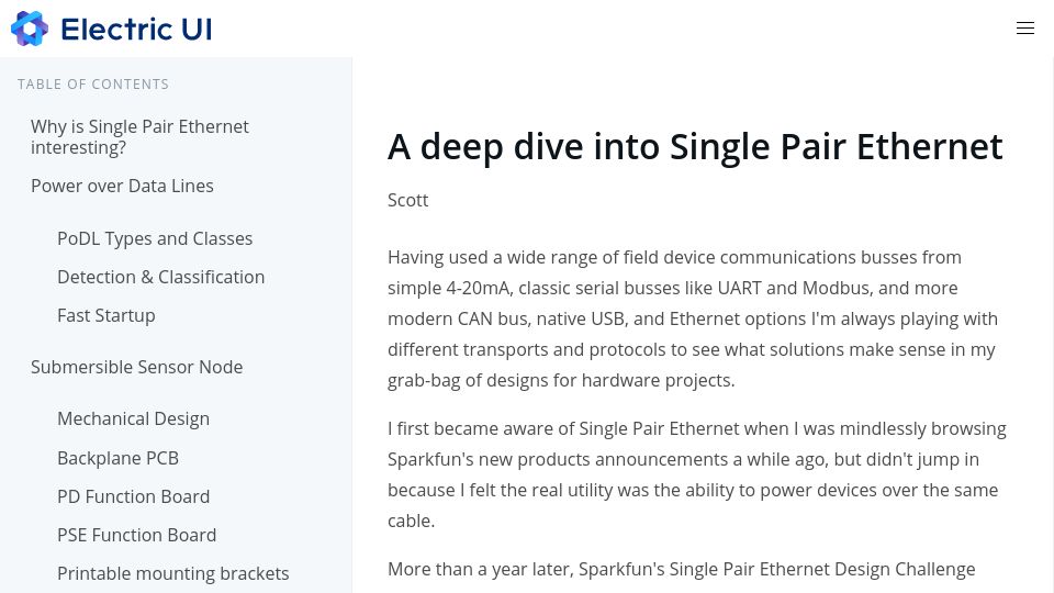 Screenshot of electricui.com: A deep dive into Single Pair Ethernet