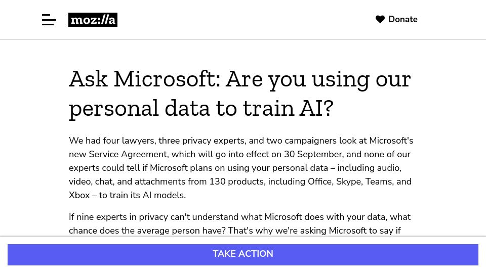 Screenshot of foundation.mozilla.org: Ask Microsoft: Are you using our personal data to train AI?
