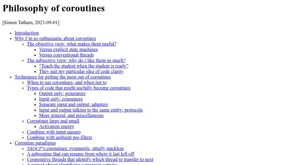 Screenshot of chiark.greenend.org.uk: Philosophy of Coroutines