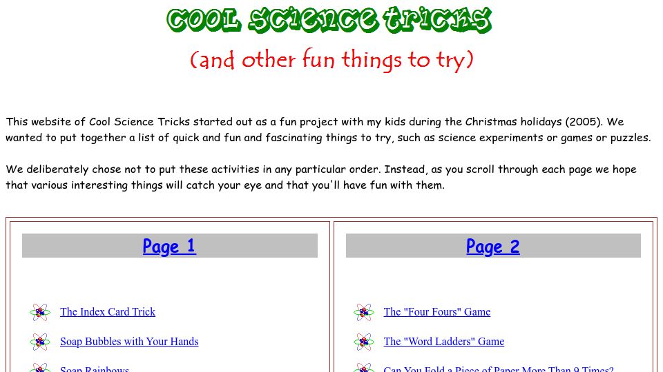 Screenshot of daveroot.neocities.org: Cool Science Tricks (2005)