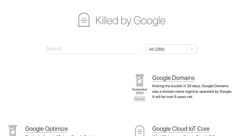 Screenshot of killedbygoogle.com: Killed by Google