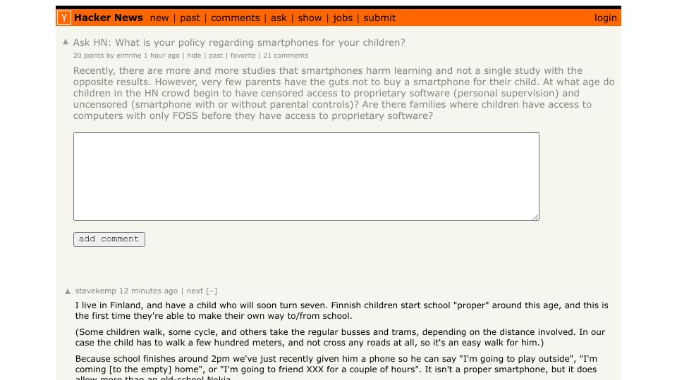Screenshot of Hacker News post: Ask HN: What is your policy regarding smartphones for your children?