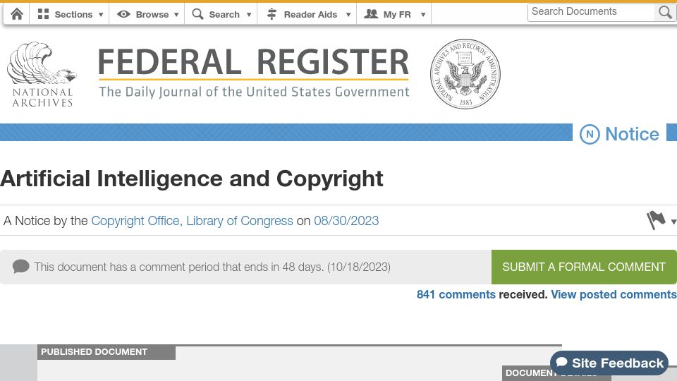 Screenshot of federalregister.gov: Artificial Intelligence and Copyright: Request for comments