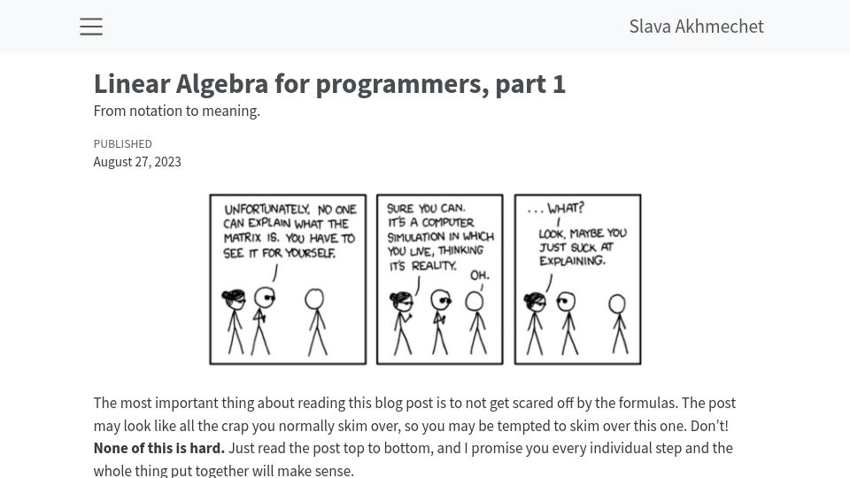 Screenshot of coffeemug.github.io: Linear algebra for programmers