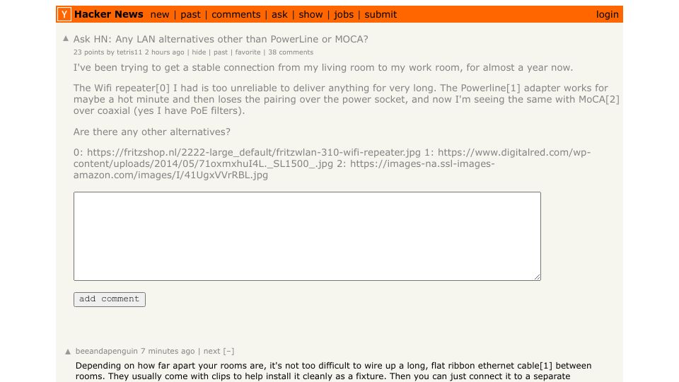 Screenshot of Hacker News post: Ask HN: Any LAN alternatives other than PowerLine or MOCA?