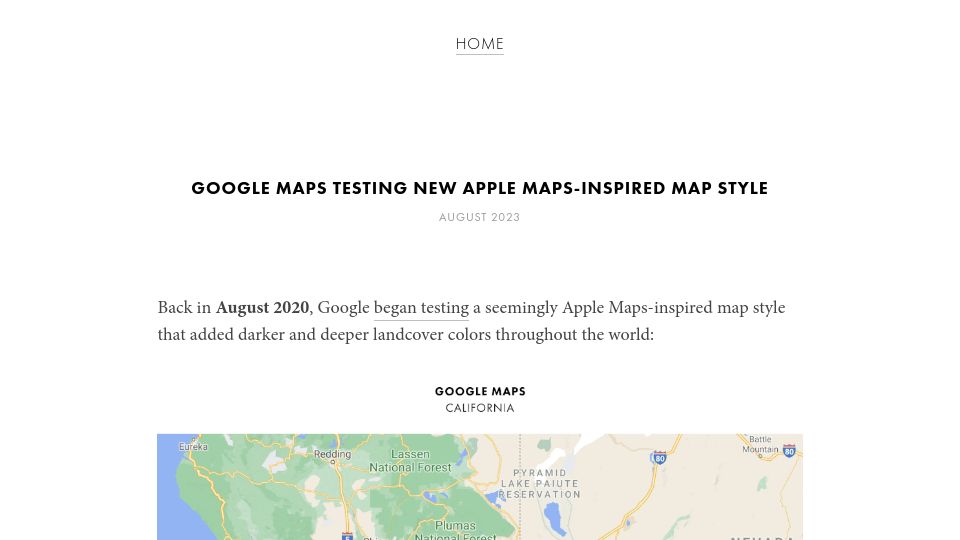 Screenshot of justinobeirne.com: Google Maps Testing New Apple Maps-Inspired Map Style