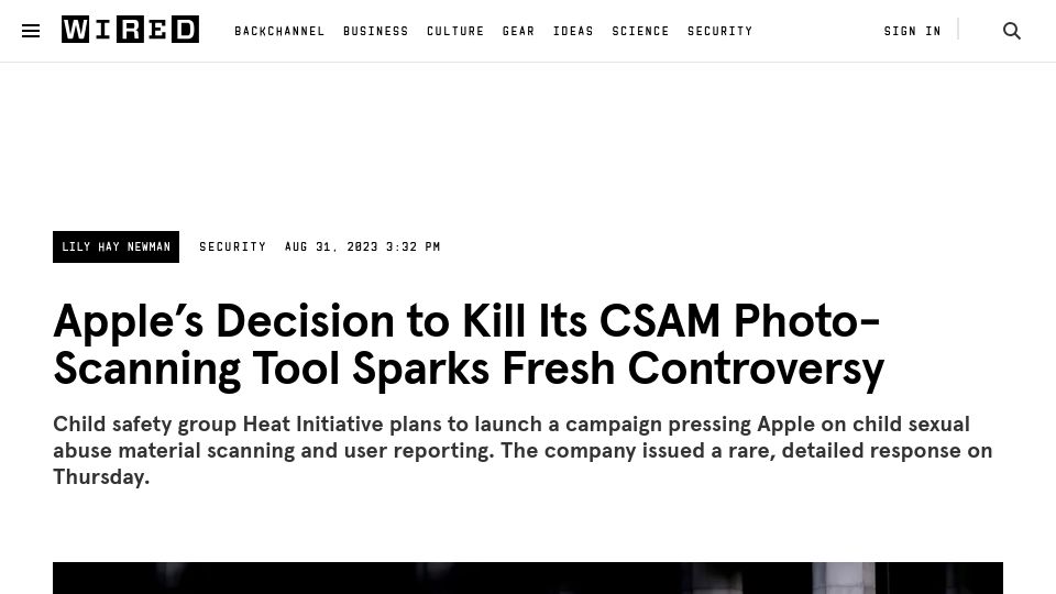 Screenshot of wired.com: Apple clarifies why it abandoned plan to detect CSAM in iCloud photos